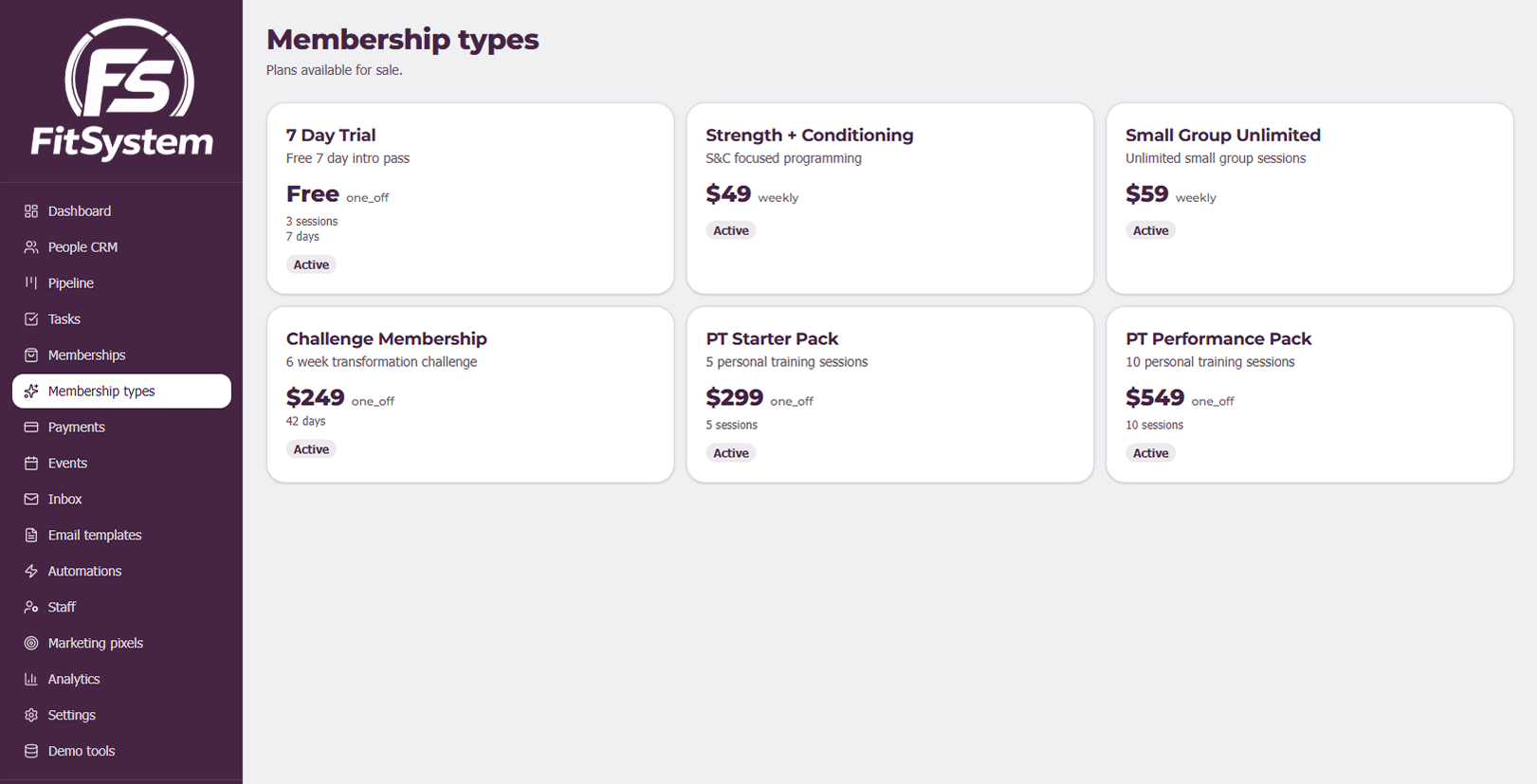 Membership types and session packs